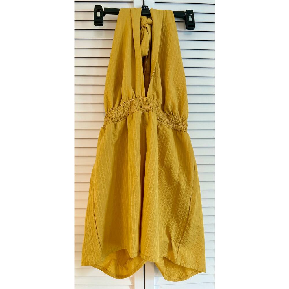 Cupshe Mustard Yellow Halter Top Blouse Tie-Back Smocked Waist Sleeveless Size M